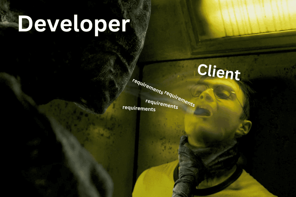 a dementor sucking out the soul of a person to show how a developer will extract requirements from interviewing non tech people
