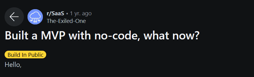 reddit user asking what to do after building a mvp with no code