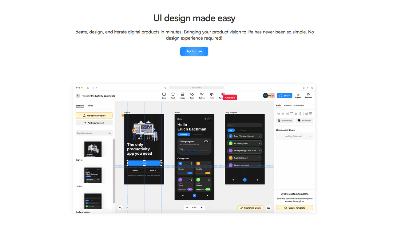 uizard homepage to help non tech founders create wireframes and mockups