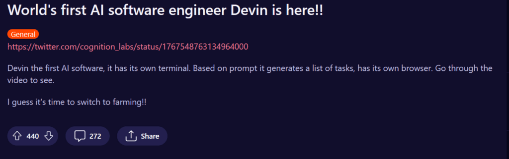 post on developer subreddit announcing the arrival of devin ai and risk to developer jobs
