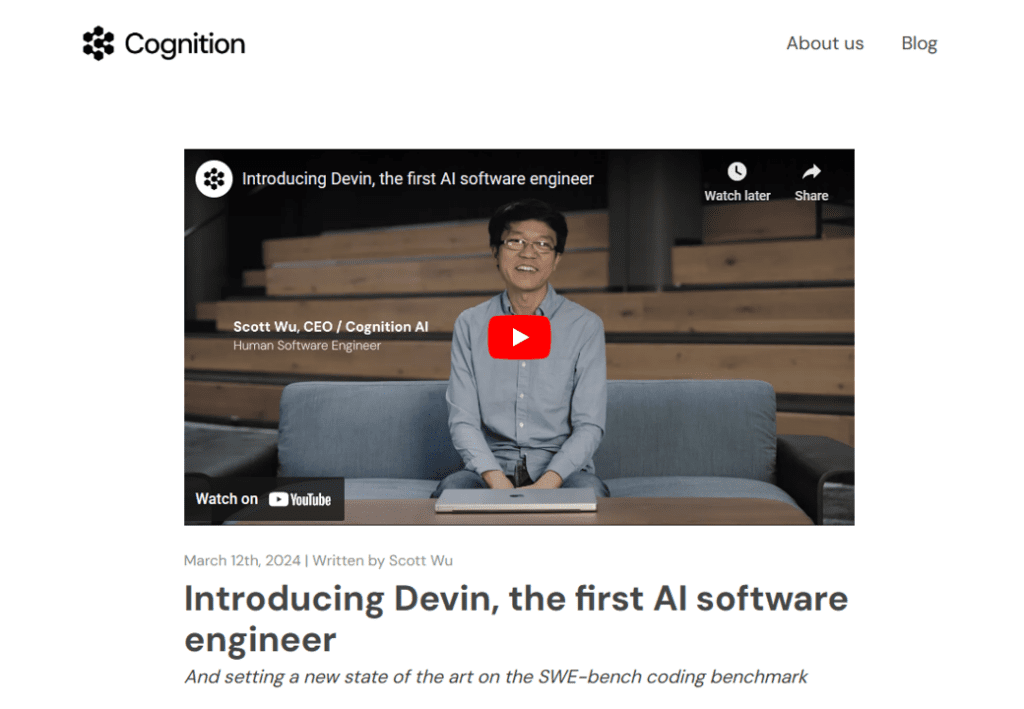 screenshot of devin ai introduction article by cognition labs, its founder