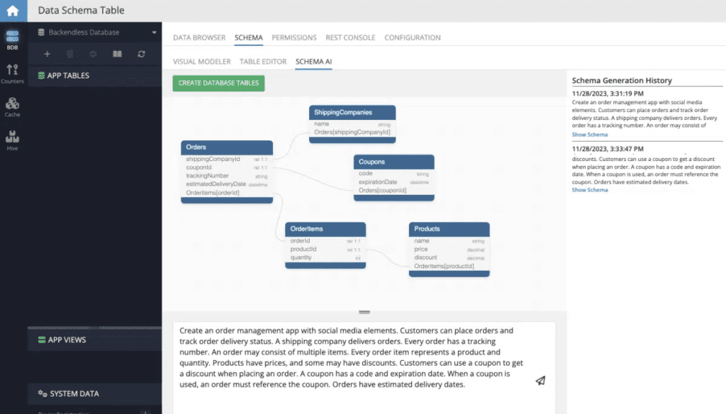 backendless data schema table ui