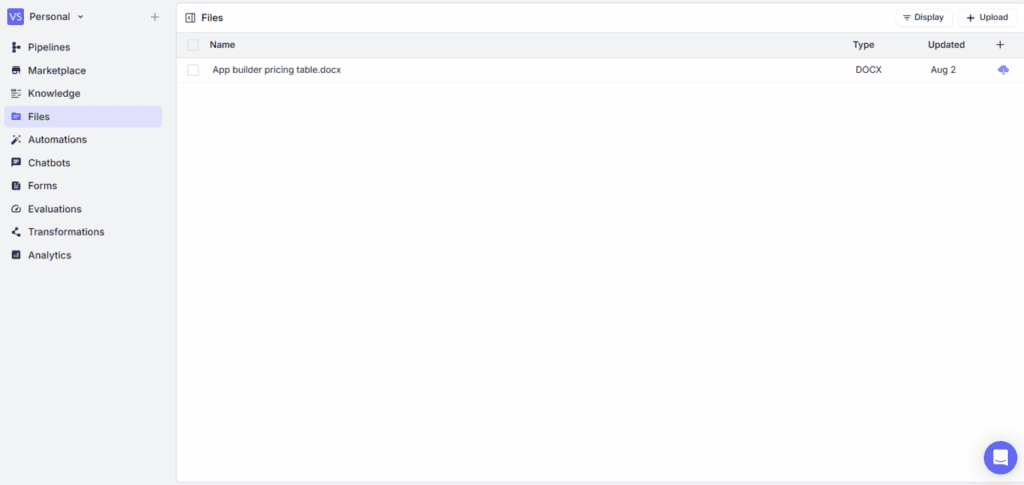 upload a file on vectorshift containing app builder details