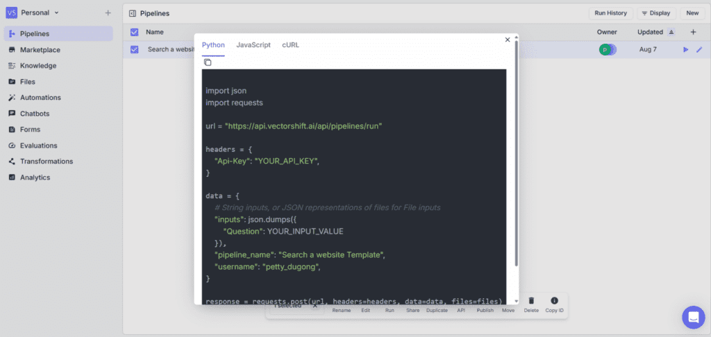 connect pipelines api to source to get information 