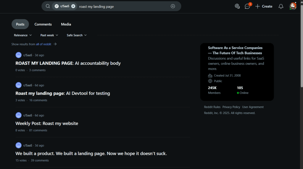 multiple threads asking for app landing page feedback on reddit