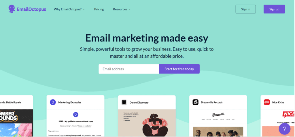emailoctopus homepage example of successful saas