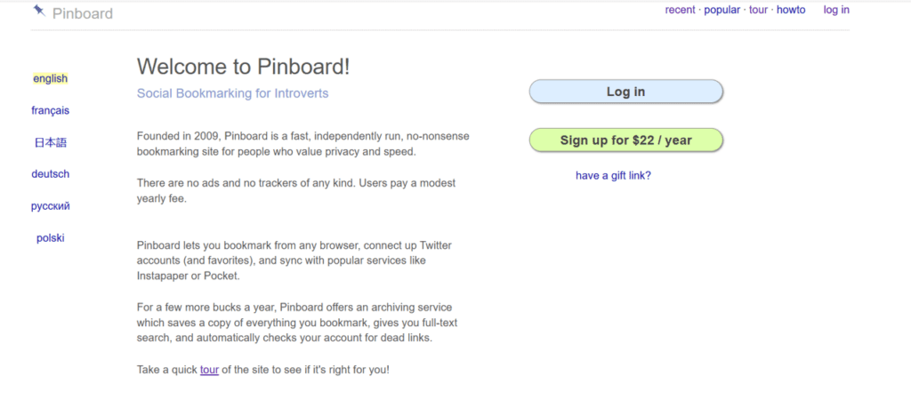 pinboard homepage