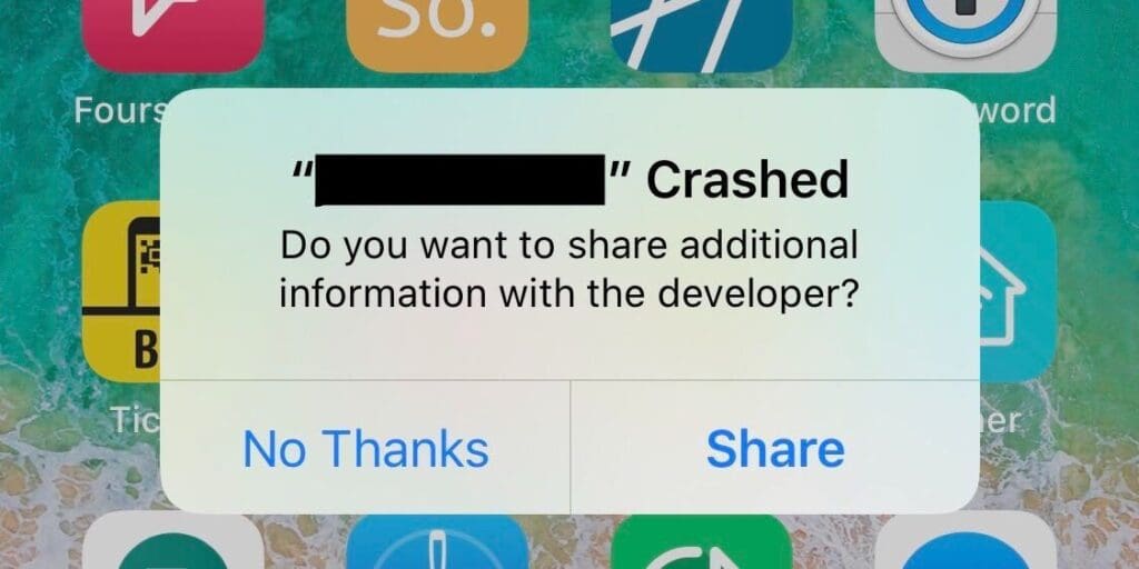 screenshot of app crashing to warn about neglecting app maintenance