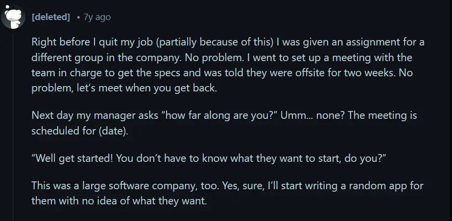 reddit thread about app developmet project in a big company with breakdown in communication between management and developers