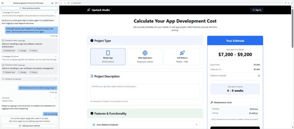 upstack studio vvibe coding an app development cost calculator